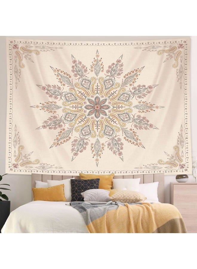 Neasow Bohemian Tapestry Wall Hanging, Beige White Floral Tapestry with Medallion Print Bedroom Boho Home Decor, WhiteSimple, Large 36×48 inches - Image 4