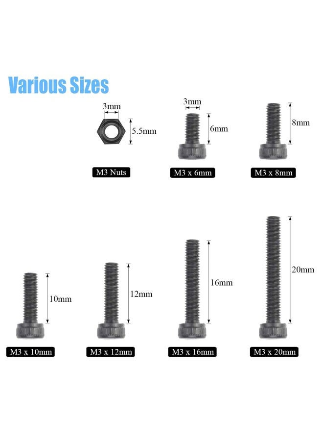 DYWISHKEY 360 Pieces M3 x 6mm/8mm/10mm/12mm/16mm/20mm, 12.9 Grade Alloy Steel Hex Socket Head Cap Screws Nuts Kit with Hex Wrench - Image 3