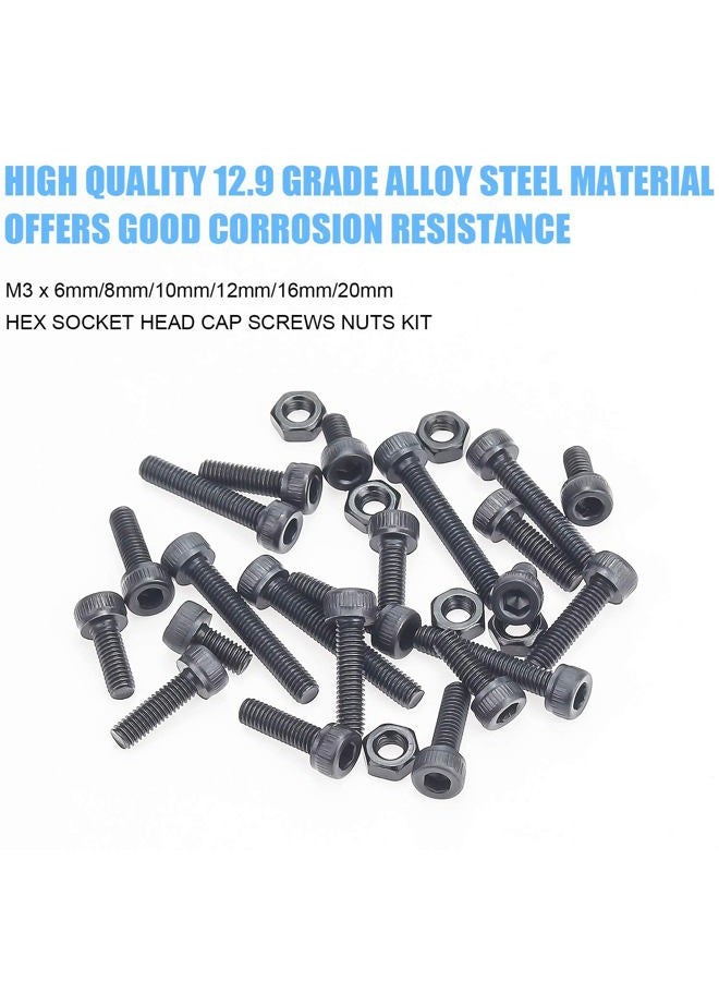 DYWISHKEY 360 Pieces M3 x 6mm/8mm/10mm/12mm/16mm/20mm, 12.9 Grade Alloy Steel Hex Socket Head Cap Screws Nuts Kit with Hex Wrench - Image 2