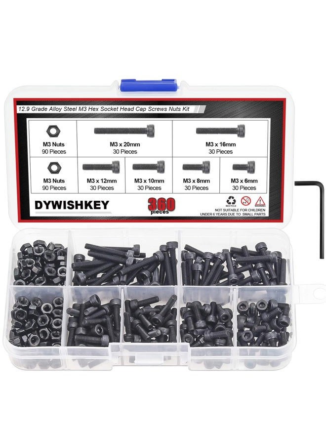 DYWISHKEY 360 Pieces M3 x 6mm/8mm/10mm/12mm/16mm/20mm, 12.9 Grade Alloy Steel Hex Socket Head Cap Screws Nuts Kit with Hex Wrench - Image 1