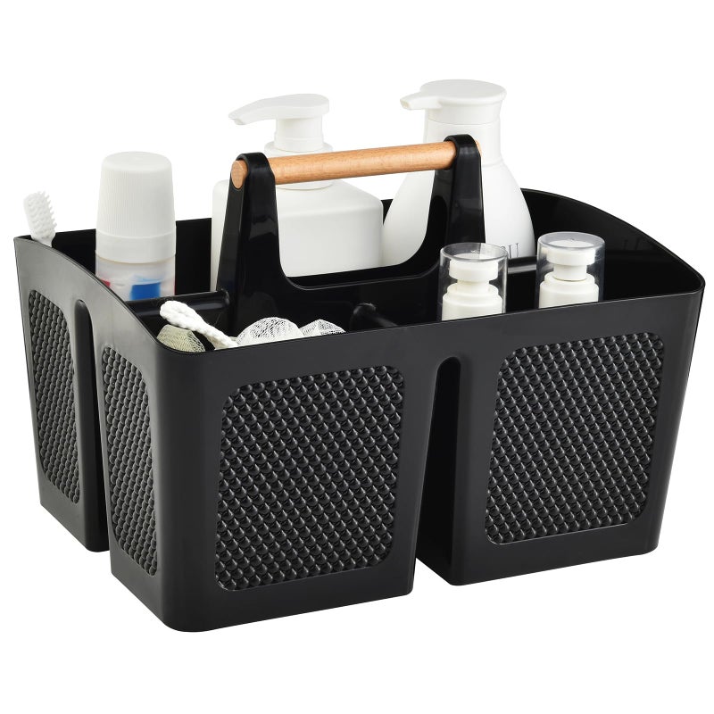 Haundry Plastic Black Shower Caddy Basket with 3 Compartments, Portable Divided Bathroom Cleaning Caddy Organizer Storage Tote with Handle for Dorm, College, Room Essentials - Image 1