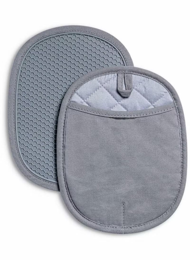 Silicone Pot Holders Sets, Heat Resistant Oven Hot Pads with Pockets Non-Slip Grip Large Potholders for Kitchen Baking Cooking | Quilted Liner 9.8 x 7.6 Inches Gray Pack of 2  - Image 1