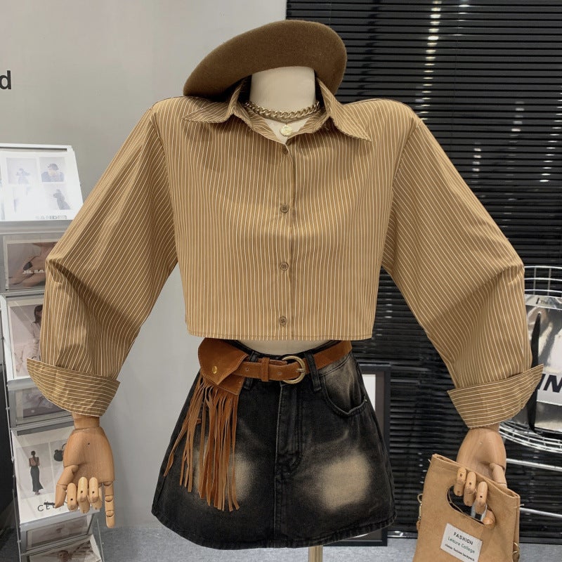 Autumn Knit Vest Stripe Shirt Womens Casual Two-Piece Set Single khaki shirt