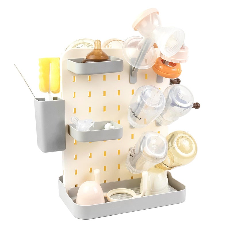AKS B2C Larger Baby Bottle Drying Rack Space Saving Countertop Vertical Rack with Brushes Holder (Gray) - Image 2