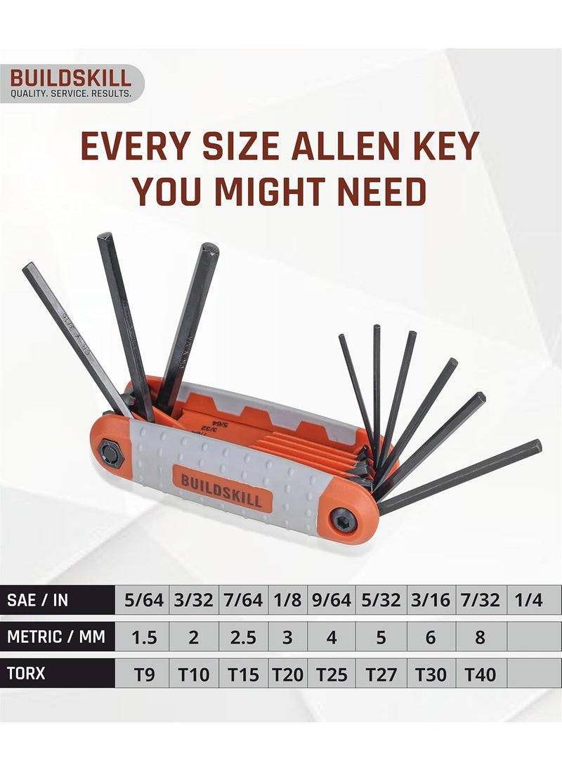 BUILDSKILL 25Piece Allen Key Set Tools Kit with Ball End Metric SAE TORX Sizes L Key Set Hex Key Set for Machinery Furniture Vehicles Carbon Steel RustResistant Foldable