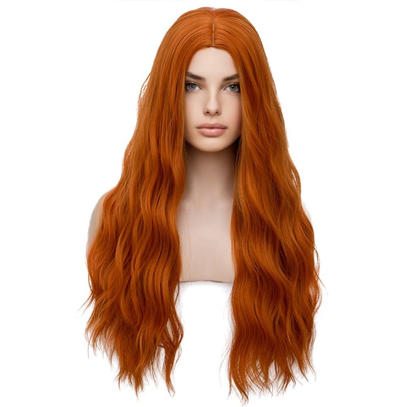 BERON بارون باروكات برتقالية طويلة ومجعدة للنساء، شعر صناعي مقاوم للحرارة للاستخدام اليومي مع غطاء باروكة