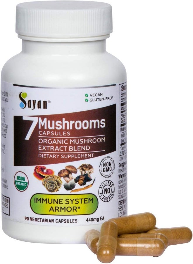 Sayan 7 Mushroom Extract Capsules - Immune Defense, Energy - Organic Chaga, Reishi, Lion's Mane, Maitake, Shiitake, Turkey Tail Adaptogen Blend - 90 Vegan Caps - Image 1