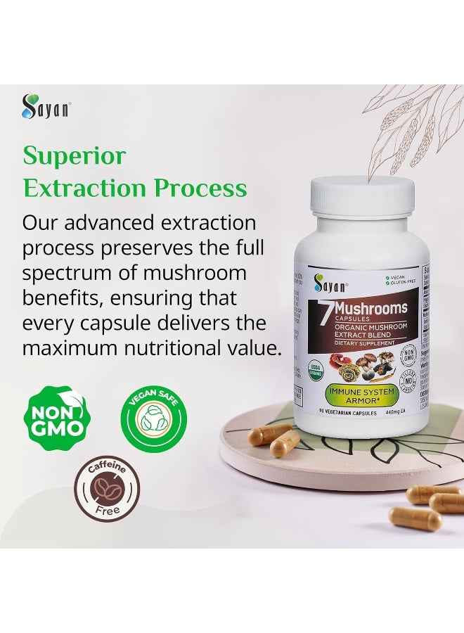 Sayan 7 Mushroom Extract Capsules - Immune Defense, Energy - Organic Chaga, Reishi, Lion's Mane, Maitake, Shiitake, Turkey Tail Adaptogen Blend - 90 Vegan Caps - Image 3