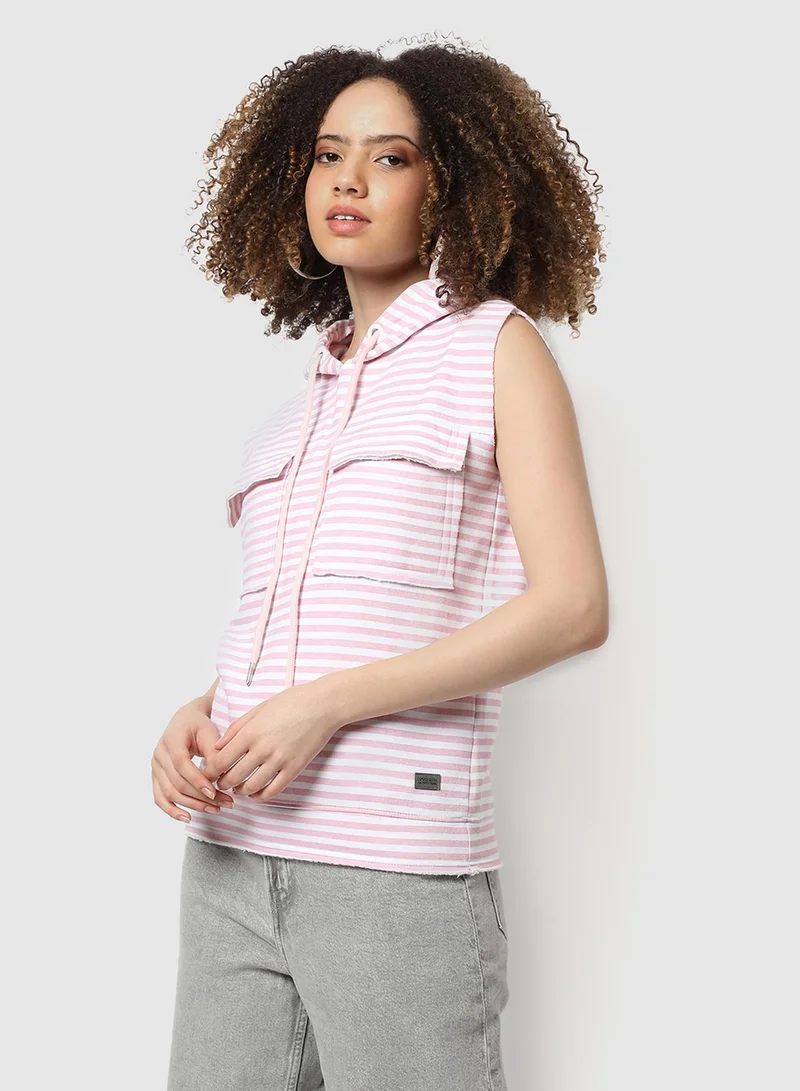 Campus Sutra Women's Pink & White Striped Sweatshirt With Flap Pockets For Casual Wear | Hooded Neck  | Sleeveless  | Pull On Closure | Cotton Sweatshirt Crafted With Comfort Fit For Everyday Wear