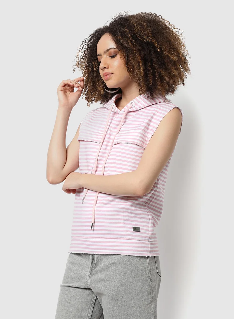 Campus Sutra Women's Pink & White Striped Sweatshirt With Flap Pockets For Casual Wear | Hooded Neck  | Sleeveless  | Pull On Closure | Cotton Sweatshirt Crafted With Comfort Fit For Everyday Wear