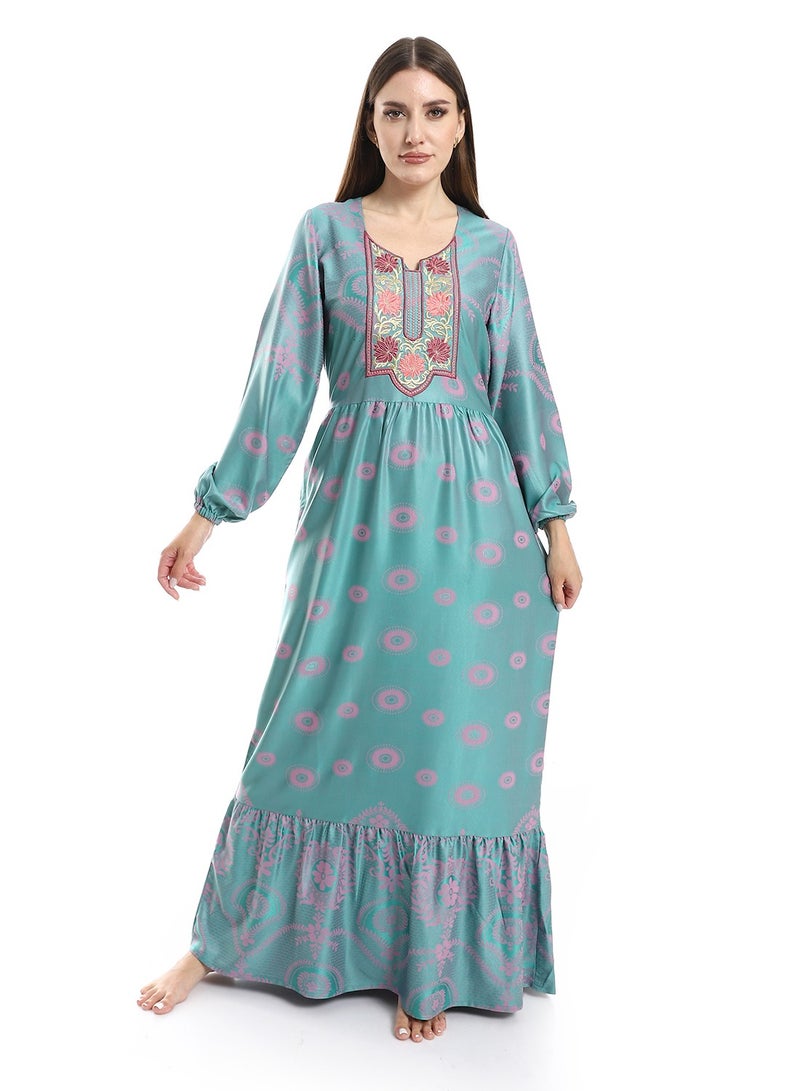 Embroidered Chest Jacquard Cotton Dress - 600 Sky Blue  - Image 1