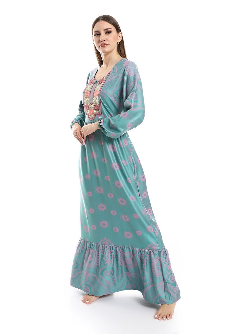 Embroidered Chest Jacquard Cotton Dress - 600 Sky Blue  - Image 3