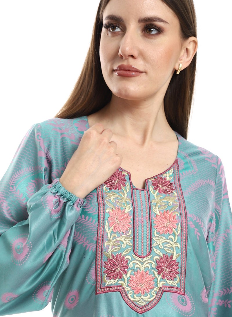 Embroidered Chest Jacquard Cotton Dress - 600 Sky Blue  - Image 4