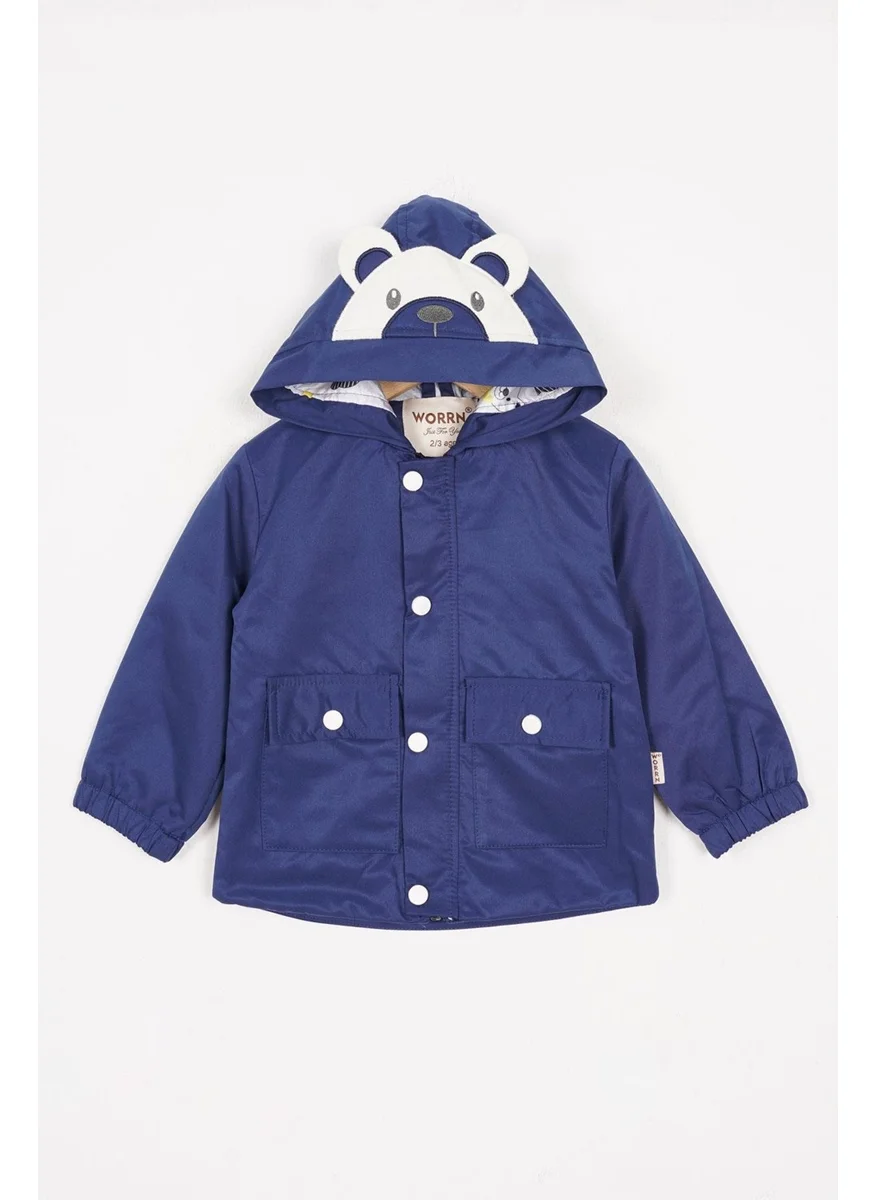 Zepkids Hooded Long Sleeve Bear Printed Navy Blue Color Boy Raincoat