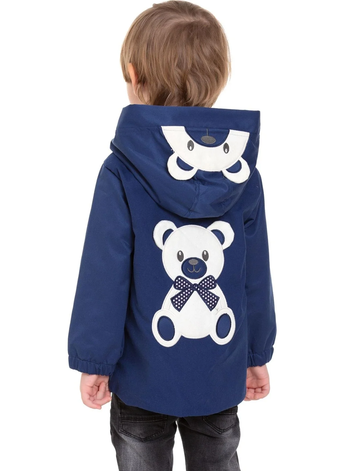 Zepkids Hooded Long Sleeve Bear Printed Navy Blue Color Boy Raincoat