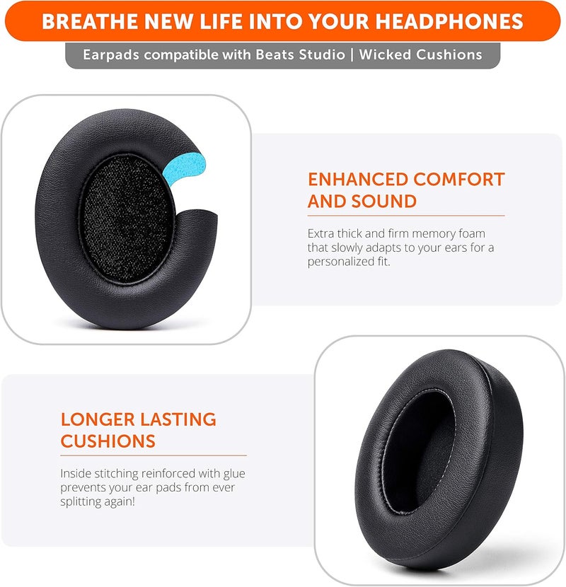 WC وسائد أذن بديلة Wicked Cushions لسماعات Beats Studio 2 و 3 (B0501، B0500) سلكية ولاسلكية | لا تناسب Beats Solo | جلد PU أنعم، رغوة معززة ومواد لاصقة أقوى | أسود - Image 5