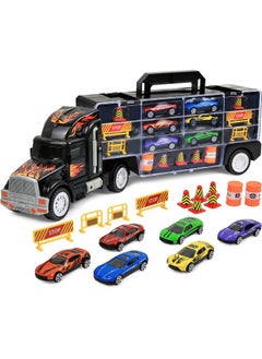 Click N' Play Click N' Play Truck Transport Carrier Toy for Boys and Girls, 15 Piece Hauler Truck with Cars, Road Signs, & More, Includes 28 Car Slots - Great Gift For Toddlers & Kids Age 3+, Black  - Image 1