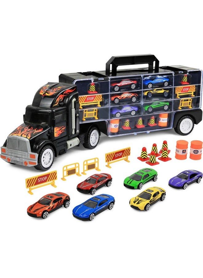 Click N' Play Click N' Play Truck Transport Carrier Toy for Boys and Girls, 15 Piece Hauler Truck with Cars, Road Signs, & More, Includes 28 Car Slots - Great Gift For Toddlers & Kids Age 3+, Black  - Image 1