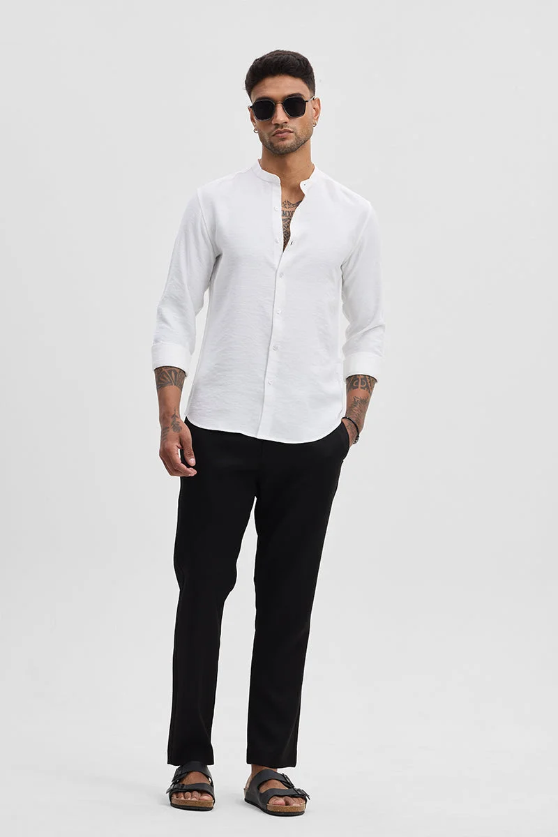 سنيتش White Textured Long Sleeve Slim Fit Casual Shirt