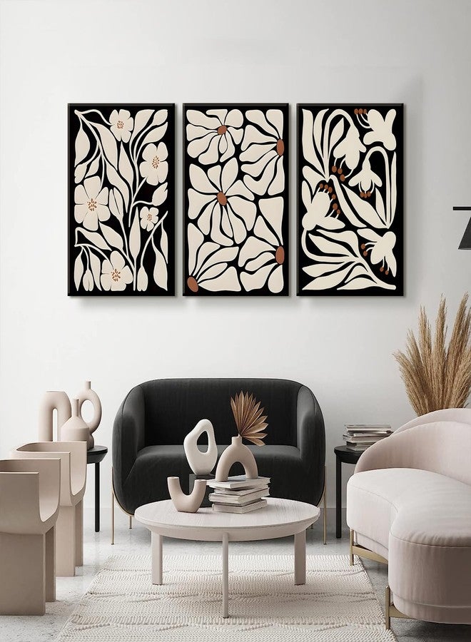 QGNBGBJ Framed Black Boho Flowers Plant Wall Art Abstract Botanical Flower Canvas Poster Vintage Bohemian Neutral Floral Prints Wall Decor Trendy Black Beige Floral Set for Girl Bedroom(12x16in) - Image 3