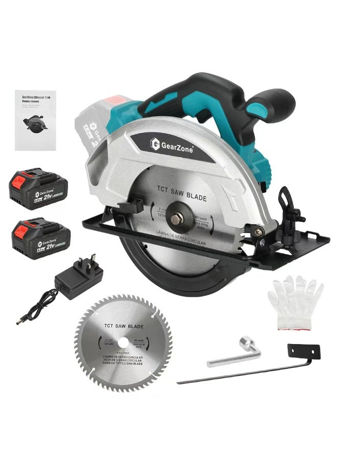 GearZone Cordless Circular Saw 7-1/4" with 2pcs 21v Battery, 4500RPM Electric Circular Saw with Blade, 0-45° Bevel Cutting, Max 2-1/4" Depth for Wood-Blue - Image 1