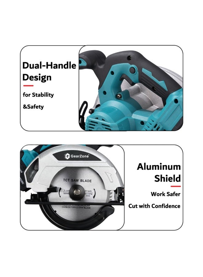 GearZone Cordless Circular Saw 7-1/4" with 2pcs 21v Battery, 4500RPM Electric Circular Saw with Blade, 0-45° Bevel Cutting, Max 2-1/4" Depth for Wood-Blue - Image 4