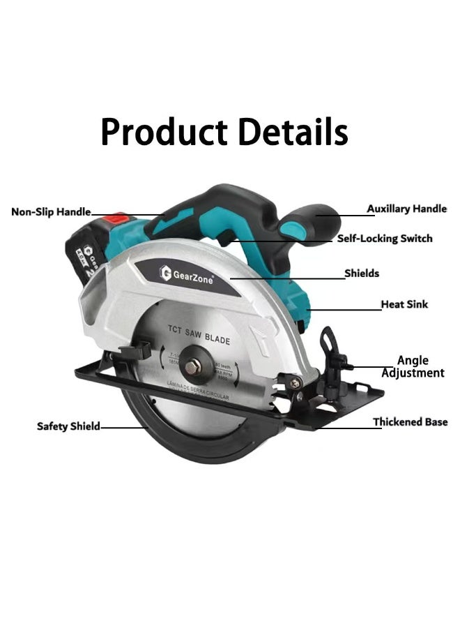 GearZone Cordless Circular Saw 7-1/4" with 2pcs 21v Battery, 4500RPM Electric Circular Saw with Blade, 0-45° Bevel Cutting, Max 2-1/4" Depth for Wood-Blue - Image 3