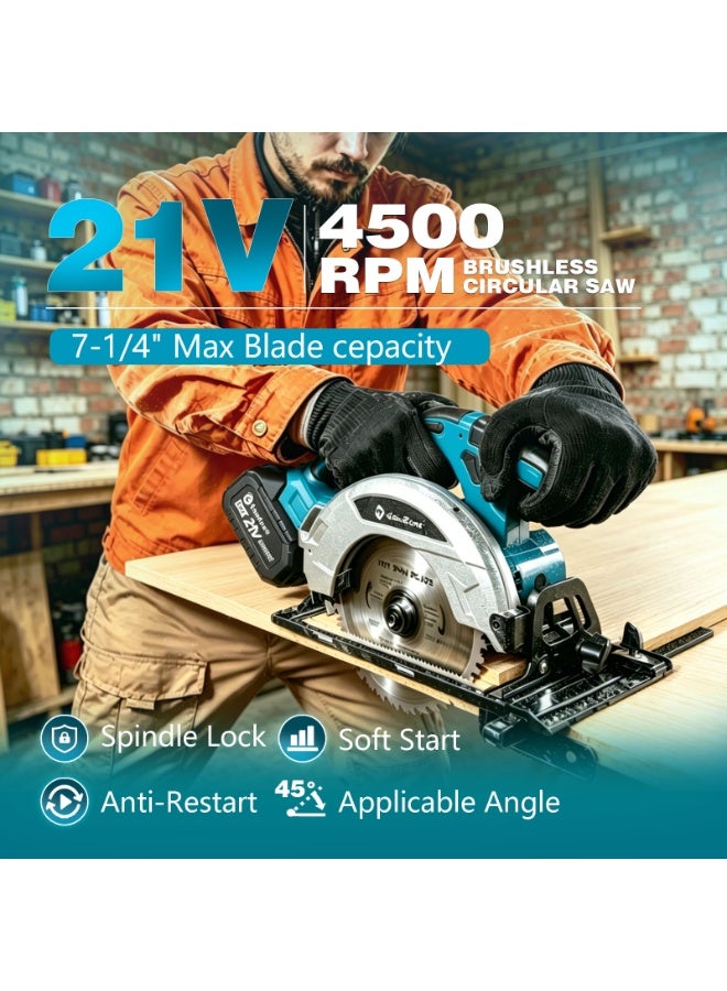 GearZone Cordless Circular Saw 7-1/4" with 2pcs 21v Battery, 4500RPM Electric Circular Saw with Blade, 0-45° Bevel Cutting, Max 2-1/4" Depth for Wood-Blue - Image 4