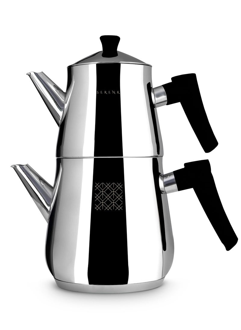 Serenk Serenk Traditional Turkish Tea Pot, 18/10 Stainless Steel, Rapid Boil Stove Top Tea Kettle, 2 Lids, Extra Strong Forged Thermo-Capsule Bottom, Mirror Polished Design, 3 Qt, Black  - Image 1