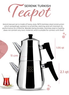 Serenk Serenk Traditional Turkish Tea Pot, 18/10 Stainless Steel, Rapid Boil Stove Top Tea Kettle, 2 Lids, Extra Strong Forged Thermo-Capsule Bottom, Mirror Polished Design, 3 Qt, Black  - Image 3
