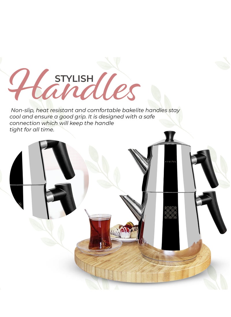 Serenk Serenk Traditional Turkish Tea Pot, 18/10 Stainless Steel, Rapid Boil Stove Top Tea Kettle, 2 Lids, Extra Strong Forged Thermo-Capsule Bottom, Mirror Polished Design, 3 Qt, Black  - Image 4