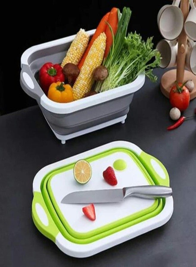 Dvijisha 3 in 1 Folding Drain Basket Collapsible Colander Vegetable Fruits Washing Strainer Kitchen Foldable Cutting Board - Basket (Multi Color) - Image 1