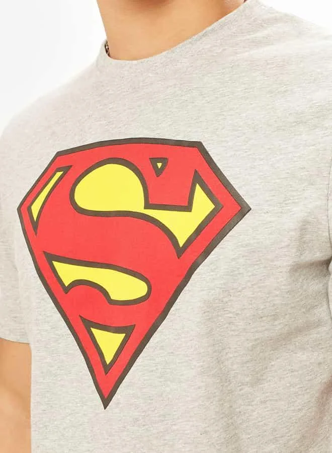 SP Characters Superman Logo Print Slim Fit T-shirt with Short Sleeves and Crew Neck