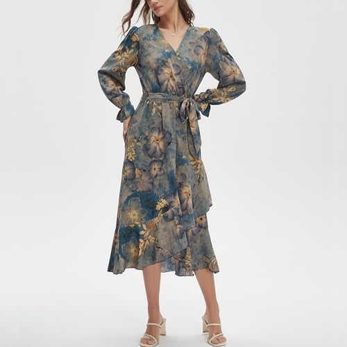 Max Hsuan Women's Floral Bohemian Dress Long Sleeve Wrap V Neck Ruffle Flowy Maxi Casual Tie Waist Boho Asymmetrical Vacation Dresses - Image 2