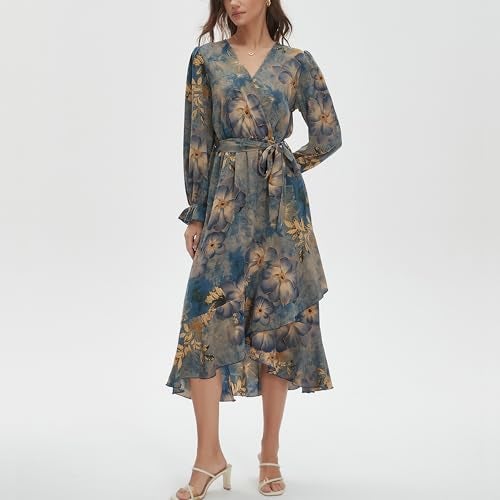 Max Hsuan Women's Floral Bohemian Dress Long Sleeve Wrap V Neck Ruffle Flowy Maxi Casual Tie Waist Boho Asymmetrical Vacation Dresses - Image 5