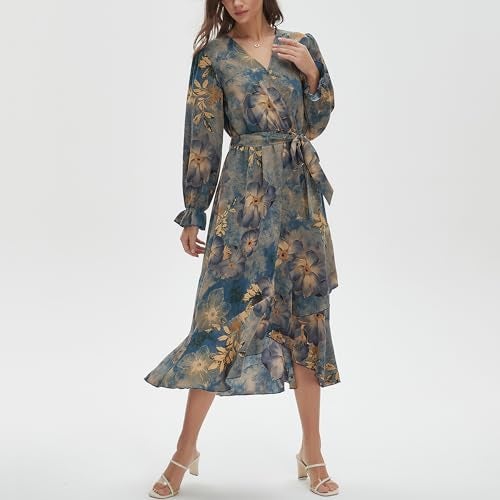 Max Hsuan Women's Floral Bohemian Dress Long Sleeve Wrap V Neck Ruffle Flowy Maxi Casual Tie Waist Boho Asymmetrical Vacation Dresses - Image 4