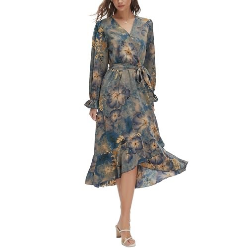 Max Hsuan Women's Floral Bohemian Dress Long Sleeve Wrap V Neck Ruffle Flowy Maxi Casual Tie Waist Boho Asymmetrical Vacation Dresses - Image 1