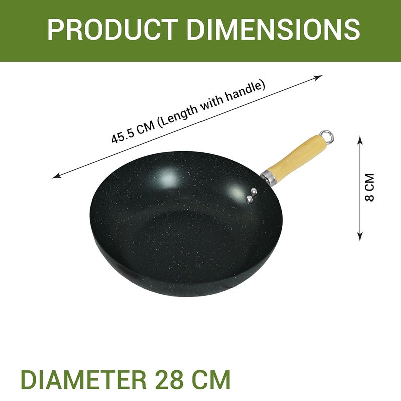 Femora Carbon Steel Wok 28 CM with Wooden Handle, 3 Layer Non-Stick Coating Kadhai, Heat Resistant Coating, Black, Pack of 1 - Image 4