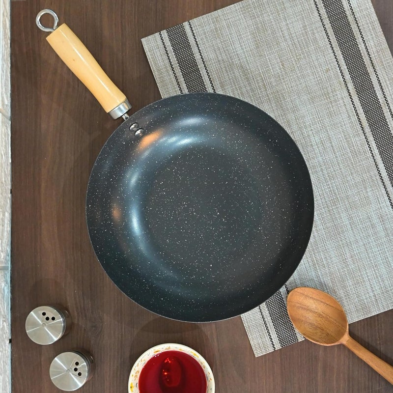 Femora Carbon Steel Wok 28 CM with Wooden Handle, 3 Layer Non-Stick Coating Kadhai, Heat Resistant Coating, Black, Pack of 1 - Image 1