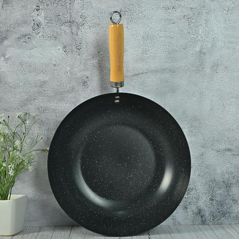 Femora Carbon Steel Wok 28 CM with Wooden Handle, 3 Layer Non-Stick Coating Kadhai, Heat Resistant Coating, Black, Pack of 1 - Image 3