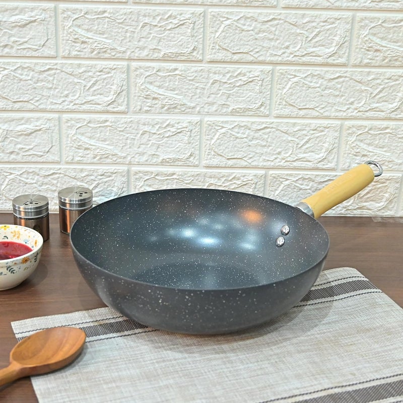 Femora Carbon Steel Wok 28 CM with Wooden Handle, 3 Layer Non-Stick Coating Kadhai, Heat Resistant Coating, Black, Pack of 1 - Image 2