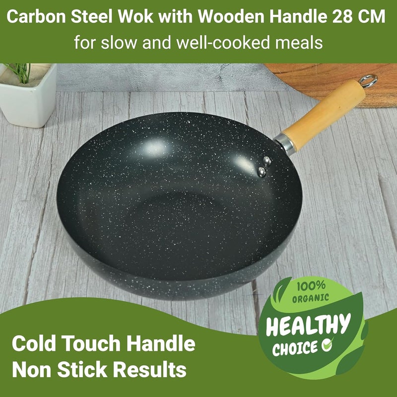 Femora Carbon Steel Wok 28 CM with Wooden Handle, 3 Layer Non-Stick Coating Kadhai, Heat Resistant Coating, Black, Pack of 1 - Image 5