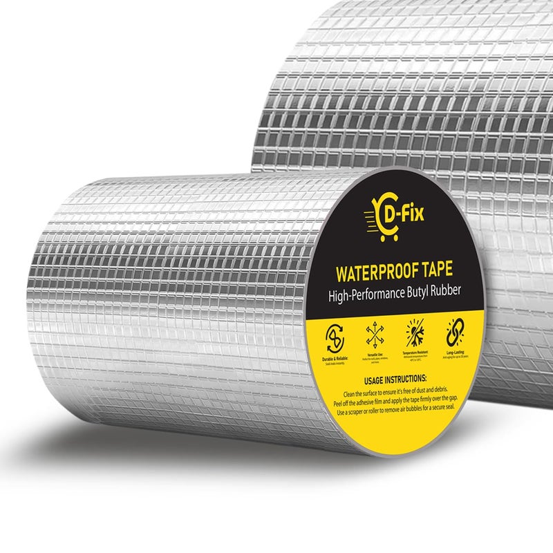 D-Fix ® شريط إصلاح مقاوم للماء لتسرب الأنابيب وحل تسرب المياه من السقف شريط ألومنيوم لاصق مقاوم للماء شريط مطاطي بوتيل للتشققات السطحية (15 سم/6 بوصة × 5 م) (فضي) - Image 4
