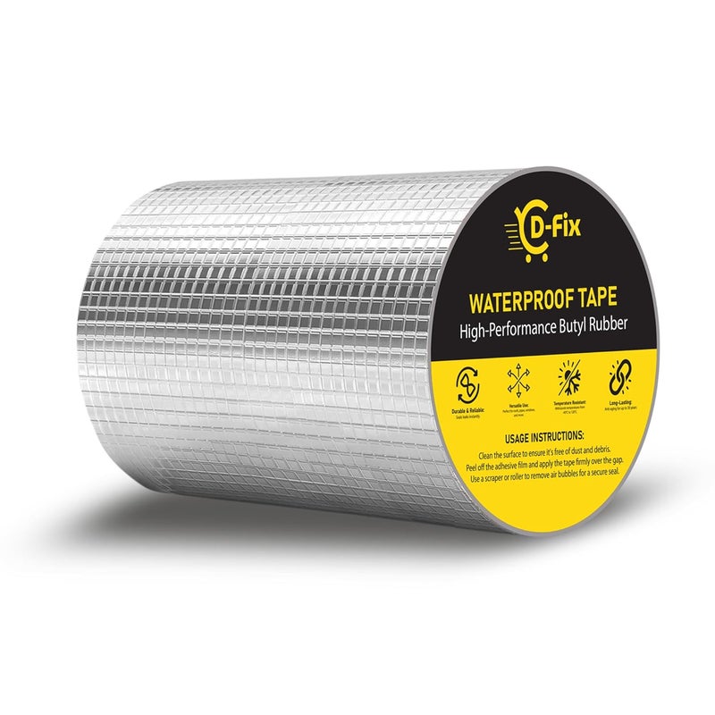 D-Fix ® شريط إصلاح مقاوم للماء لتسرب الأنابيب وحل تسرب المياه من السقف شريط ألومنيوم لاصق مقاوم للماء شريط مطاطي بوتيل للتشققات السطحية (15 سم/6 بوصة × 5 م) (فضي) - Image 1