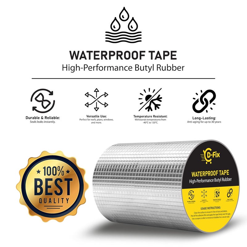 D-Fix ® شريط إصلاح مقاوم للماء لتسرب الأنابيب وحل تسرب المياه من السقف شريط ألومنيوم لاصق مقاوم للماء شريط مطاطي بوتيل للتشققات السطحية (15 سم/6 بوصة × 5 م) (فضي) - Image 2