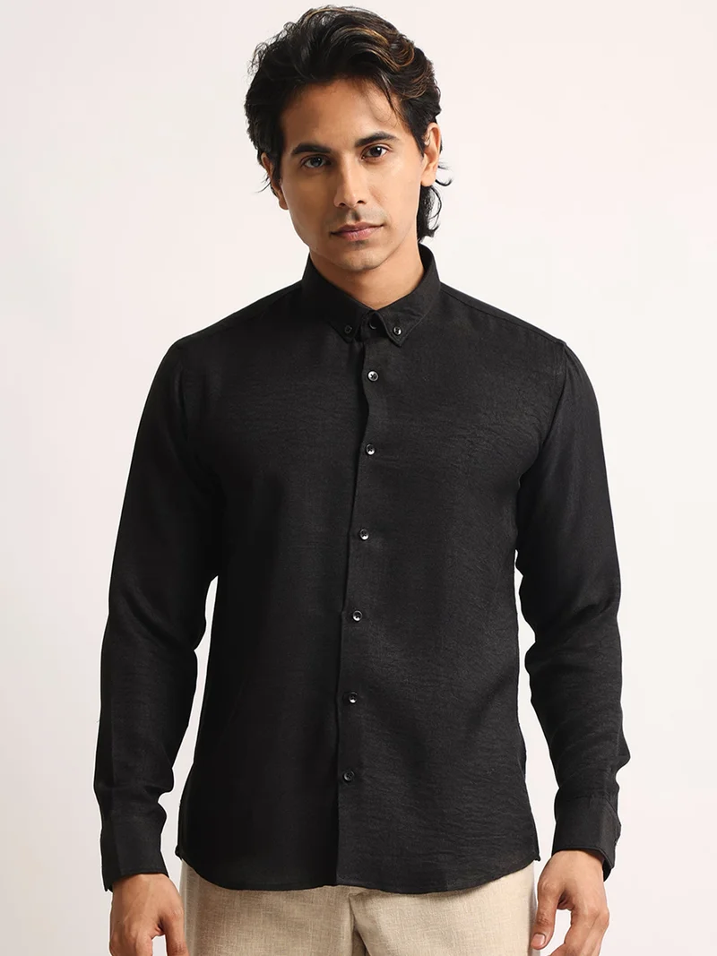 Maniac  Maniac Mens Solid collared Neck Full Sleeve Super Twill Fabric Black Shirt for Men | Best Price UAE