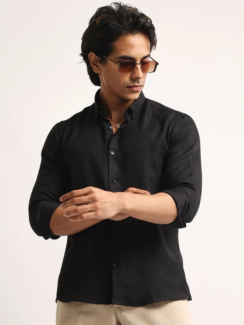 Maniac  Maniac Mens Solid collared Neck Full Sleeve Super Twill Fabric Black Shirt for Men | Best Price UAE