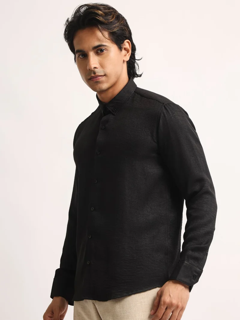Maniac  Maniac Mens Solid collared Neck Full Sleeve Super Twill Fabric Black Shirt for Men | Best Price UAE