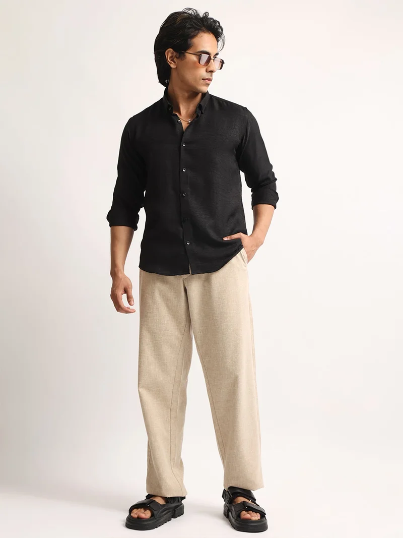 Maniac  Maniac Mens Solid collared Neck Full Sleeve Super Twill Fabric Black Shirt for Men | Best Price UAE