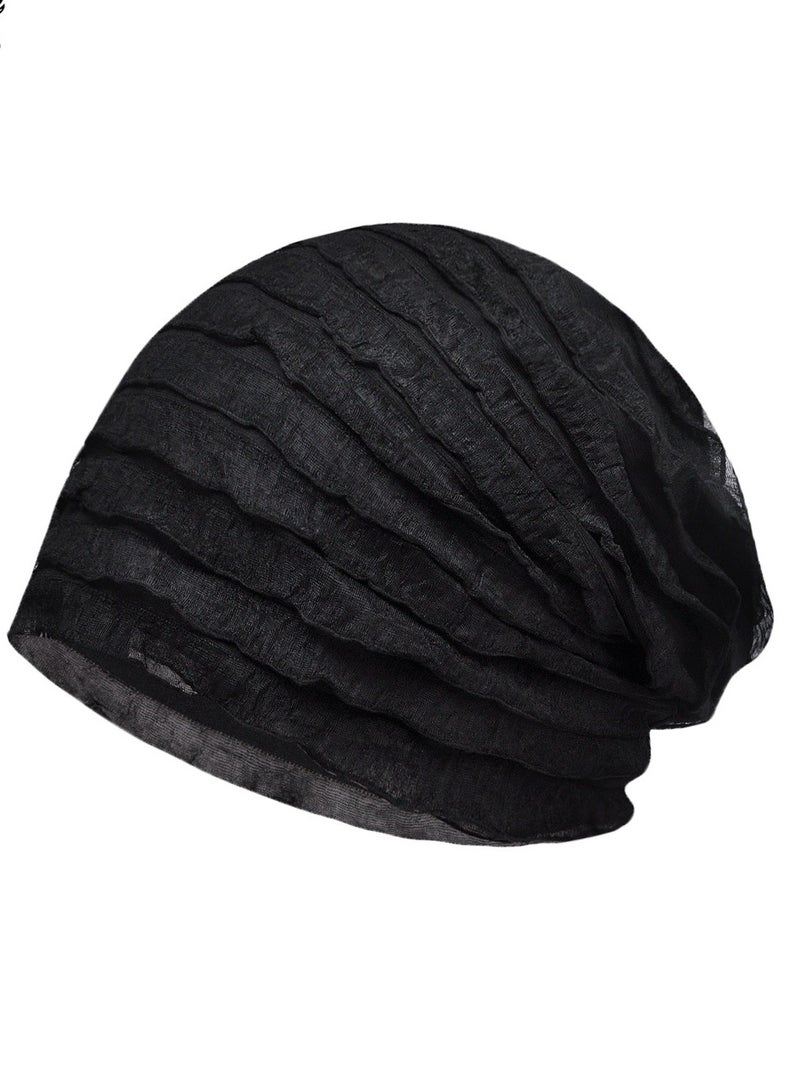 Loquat Infinity Scarf Headwear Cap Multi Layered Pleated Beanie Hat Black 